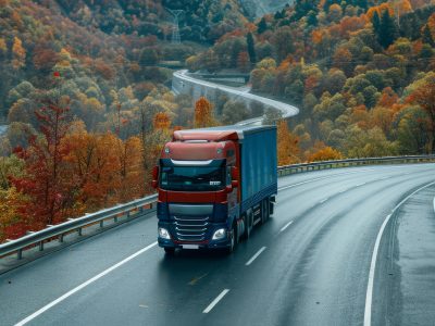 Autumn Splendor on a Mountain Road: A Red Cargo Lorry Navigates A red cargo lorry is making its way through a serpentine mountain highway surrounded by a vibrant tapestry of autumn foliage. The scene captures the dynamic contrast between the vividly colored leaves and the lorrys striking hue, as it traverses the winding road amidst the seasonal landscape.
